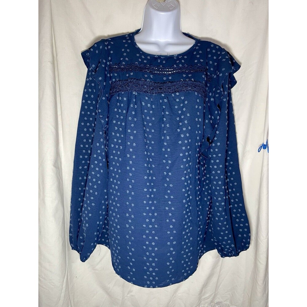 Fashion Women’s Blue Swiss Dot Blouse Boho Ruffle Long Sleeve Lace Trim Top L